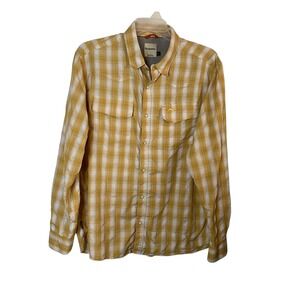 Simms Fishing Shirt Men XL Long Sleeve Snap Button Up Vented Gold White Plaid XL